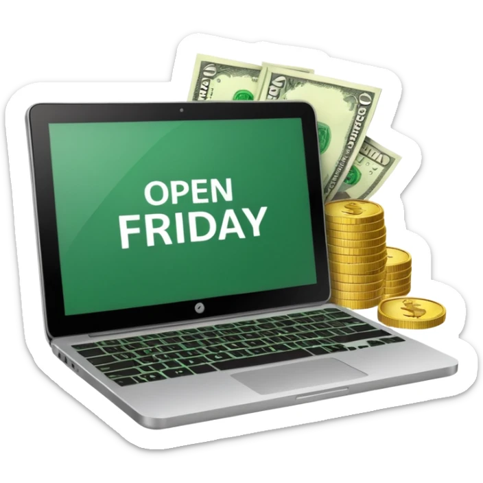 green laptop with black friday deals with coins and money tab open on it with Black Friday wrote sticker