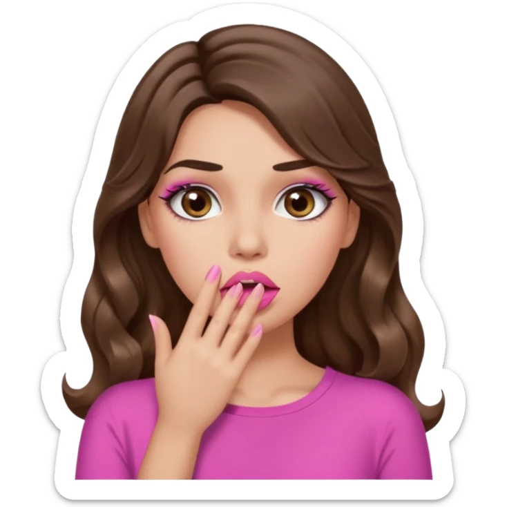 girl with long wavy brown hair, brown eyes, long lashes makeup, sexy pink lips, light to medium complexion, pink sexy top, shocked, hand covering mouth sticker