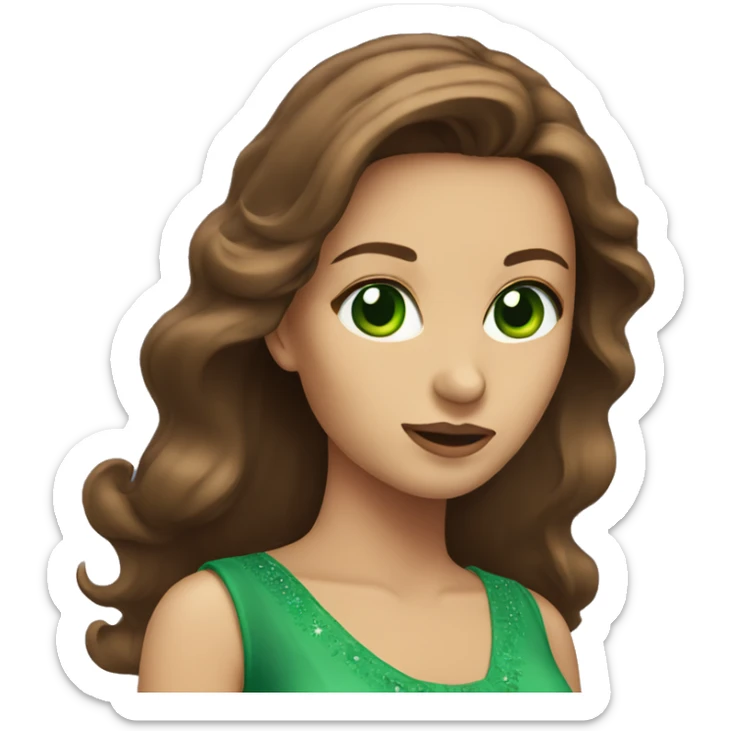 Woman with green eyes and long brown hair dresses in dress sticker