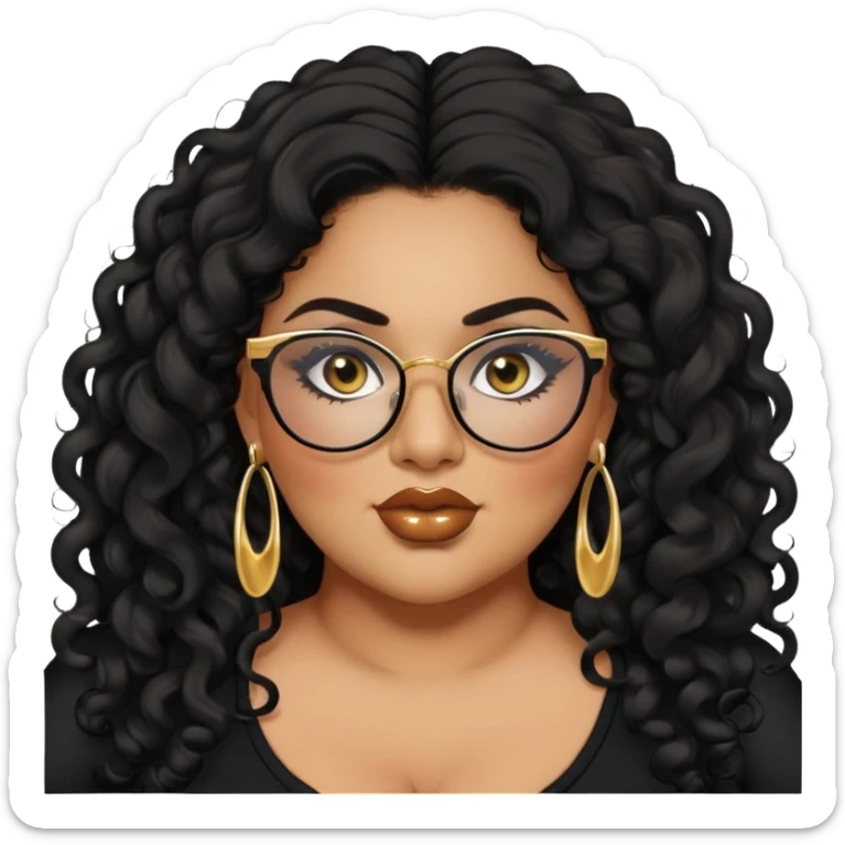 big plus size, latina, darker tan skin, gold earring, long black curly hair, baddie,pretty, makeup, lipgloss, black eyeliner, long hair, black top, black glasses sticker