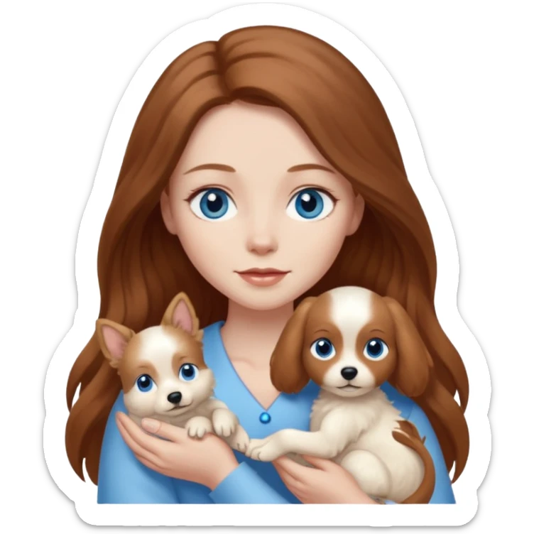 long hair chestnut color blue eyes woman holding small ivory dog sticker