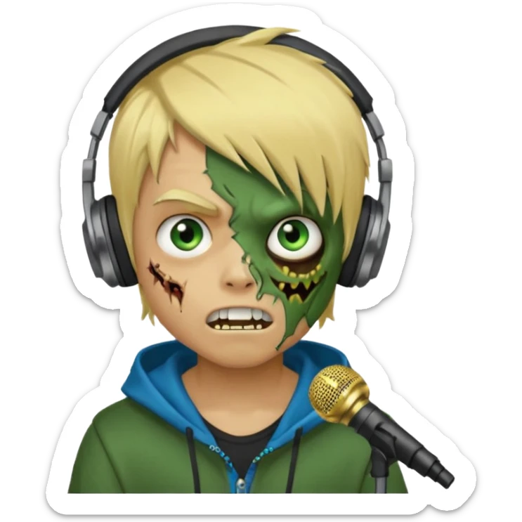 boy zombie whit blonde emo hair and eyes blue and GREEN SKIN and heandphones AND A MICROFONE AND GOLD TEETH and agesive face and the hoodie black sticker