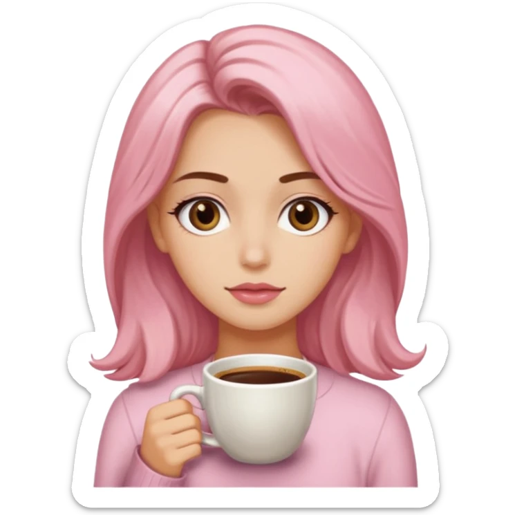 Crea una chica güerita con pelo largo café claro y raíces güeras, ojos rasgados cafés oscuros, suéter o camisa rosa claro sticker
