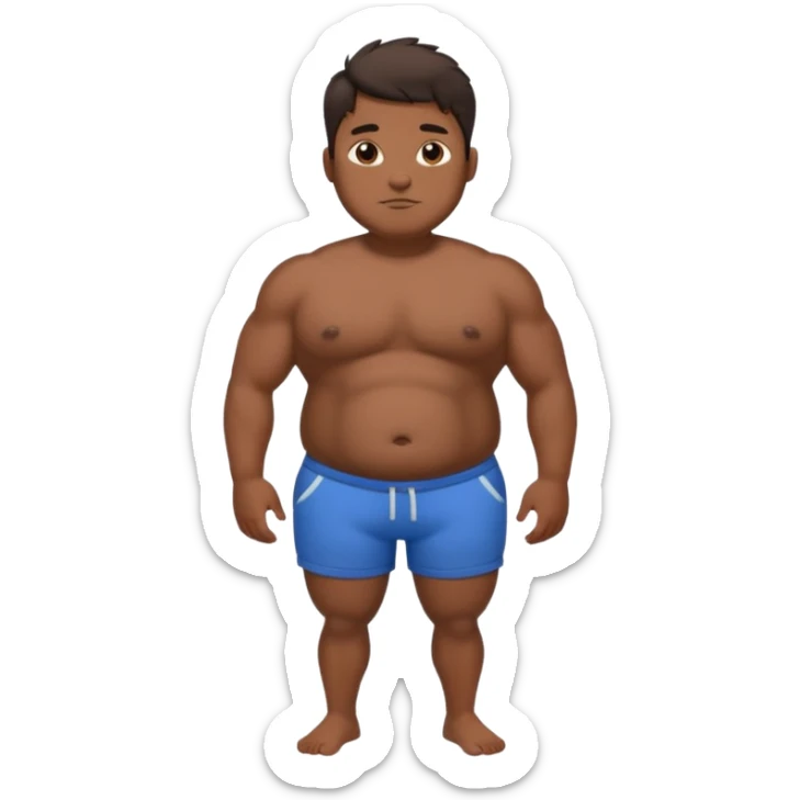 “Very skinny person with dark brown skin, small biceps, fat belly, double chin, wearing only shorts, has hair. Skinny limbs but round belly.” sticker
