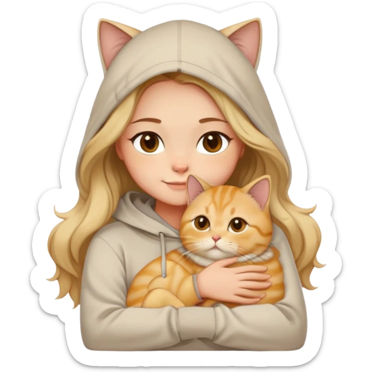 	A girl with long wavy hair (brown base with platinum blonde highlights), wearing a light beige hoodie, hugging a golden shaded British Shorthair cat (golden chinchilla, BY23). White background, soft smile, big brown eyes. Clean and simple Apple emoji style. sticker