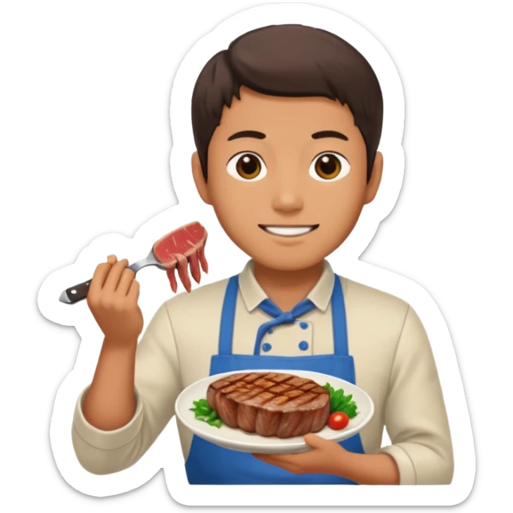 Japanese man holds in hands steak preparing to eat with lovely sight sticker