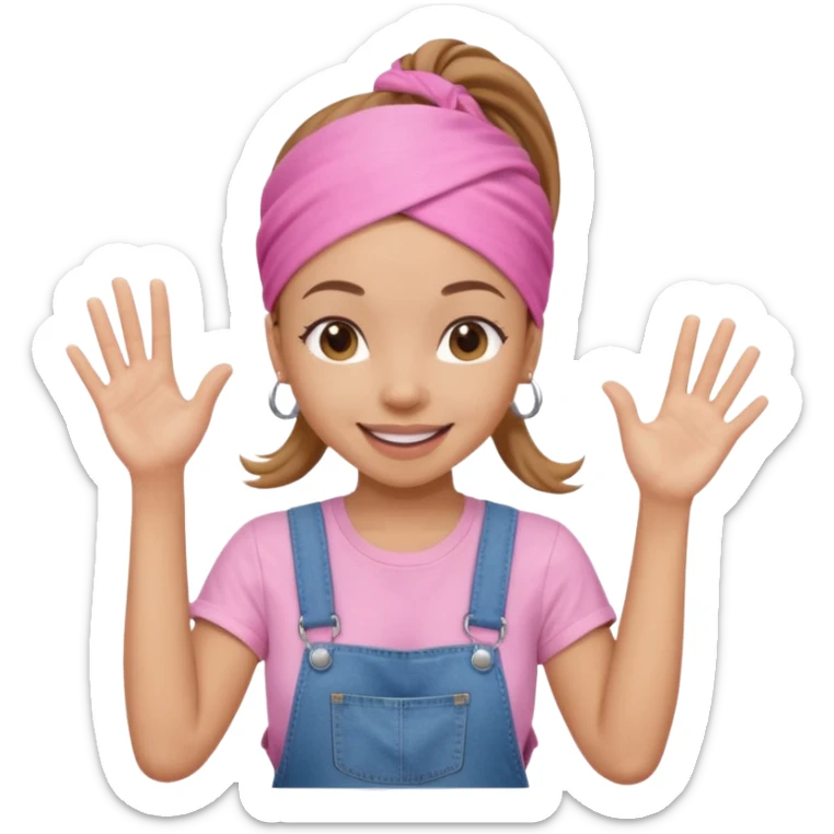 Light skin woman with brown ponytail and light pink head bandana. pink t-shirt with denim overalls. Expression is friendly with big smile and waving hello sticker