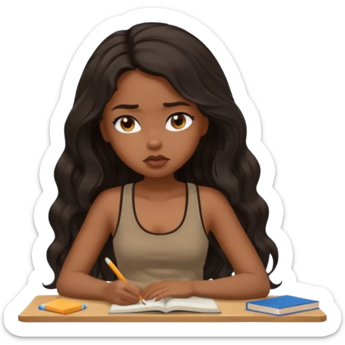 a pretty bratz light dusky girl with long wavy black hair in a brown tank top studying and lookinh tired sticker