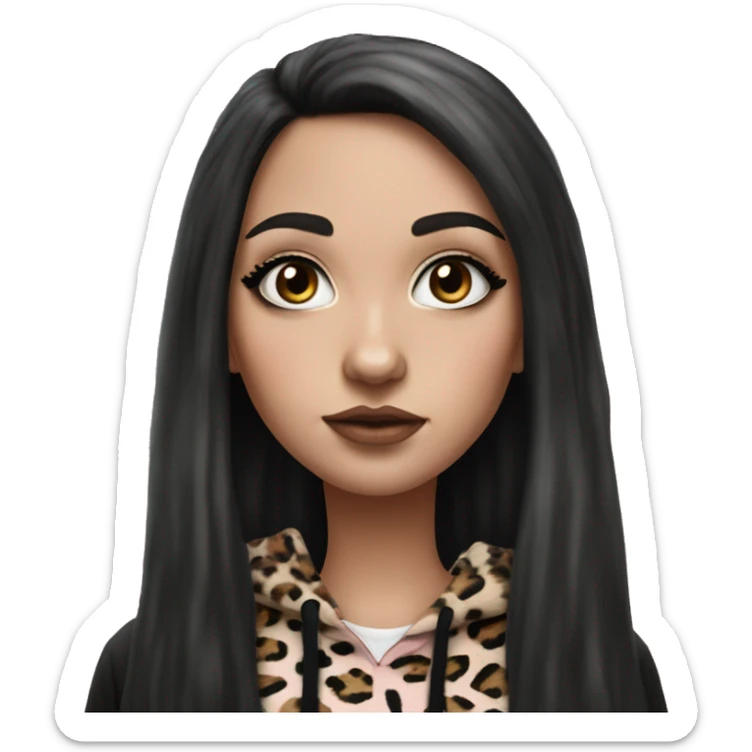 Hyperrealistic white girl with long black hair with a pink fringe and has eye makeup on, she is wearing a black and leopard print hoodie  sticker