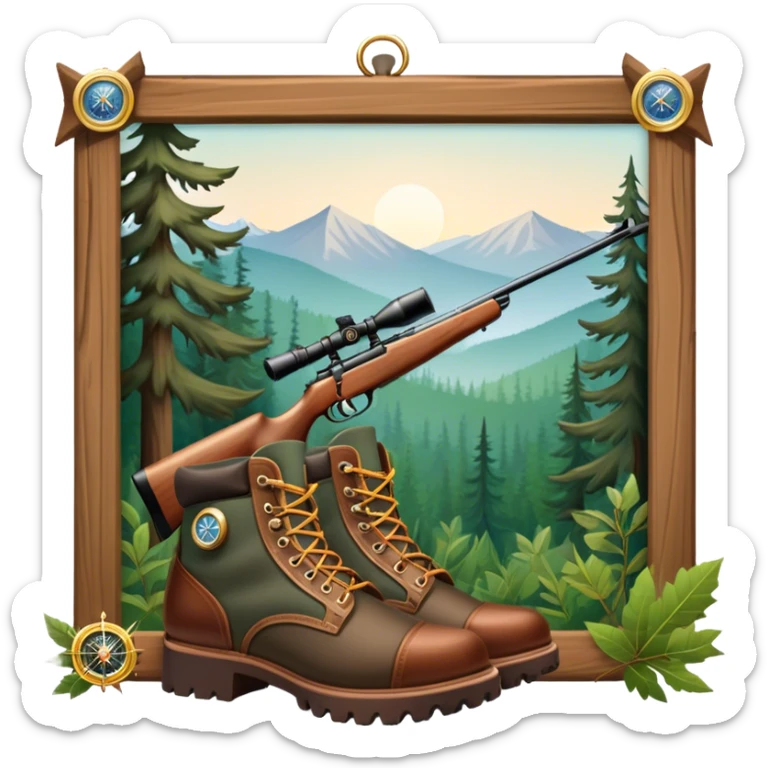 Icon for Hunting Tourism: a rifle, hunting boots, double-barrelled hunting rifle and a compass on a forest background, with a silhouette of wildlife in the distance. The icon should capture the adventure and connection with nature in hunting tourism. Transparent background. sticker