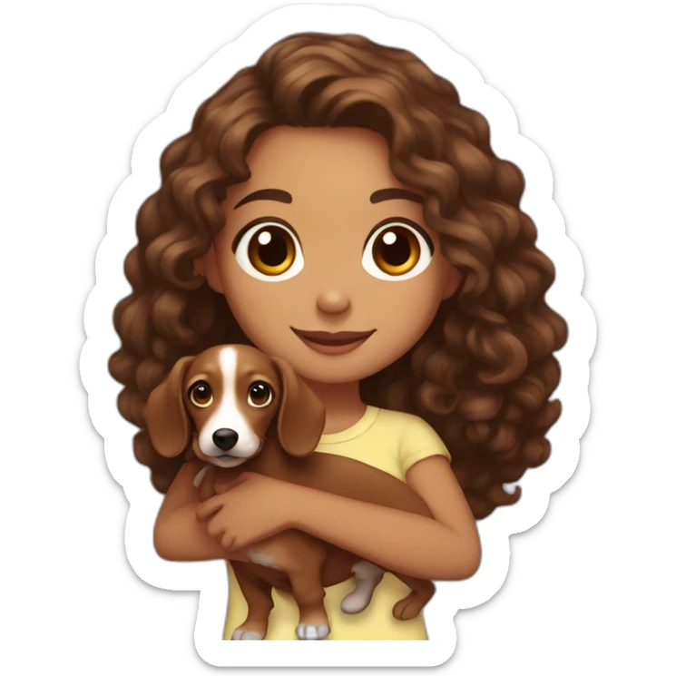 Girl long curly brown hair smiling mixed race et tenant brown eyes and holding a dachshund in her arms sticker