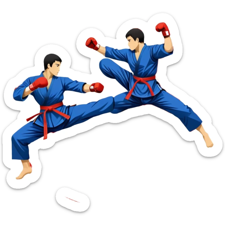 An emblem-style design featuring crossed martial arts weapons like a fist and foot, symbolizing striking combat sports. The background includes a silhouette of a fighter in an action pose, with dynamic lines and bold colors, showcasing speed and power. Transparent background. sticker