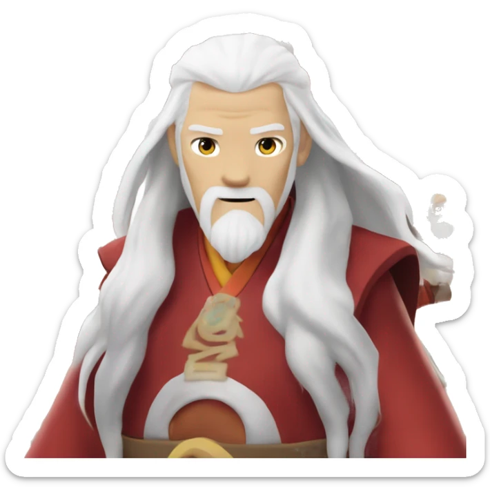 avatar roku from avatar the last airbender. he is a white older man, and have long white hair and a long white beard in a fire nation red color in hex color 6e0c00. he needs to be in the red uniform. he should not have a head covering sticker