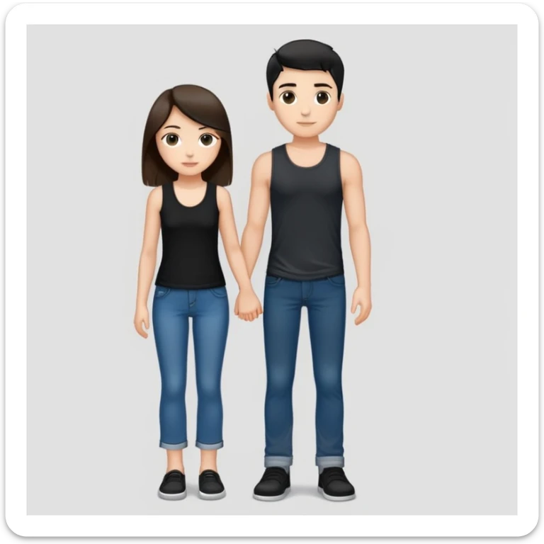 A girl with long brown hair holding the hand of a boy with short black hair, she wearing a black tank top with flared blue jeans, he wearing a black t-shirt with grey jeans, couple in love sticker