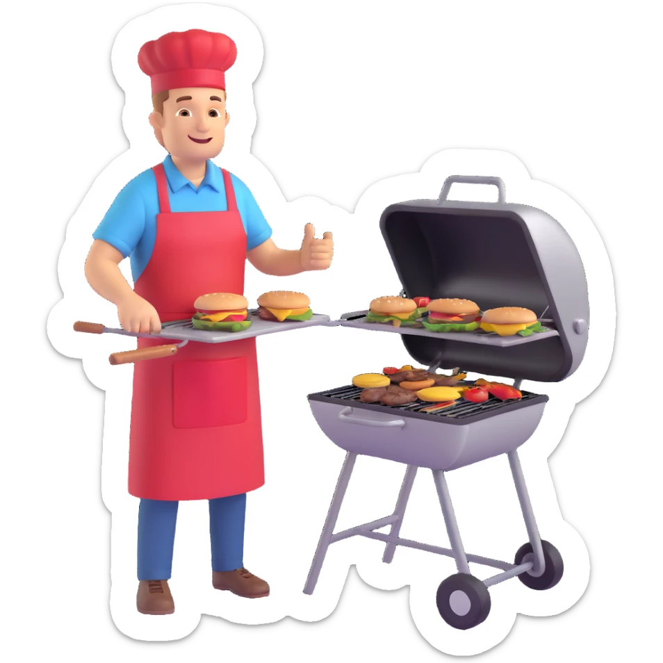 man at a barbecue grill, apron, flipping burgers, sunny day sticker
