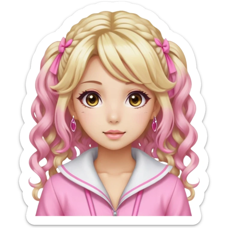 Hime gyaru girl blonde mid curly hair with pink highlights,wearing pink clothes sticker