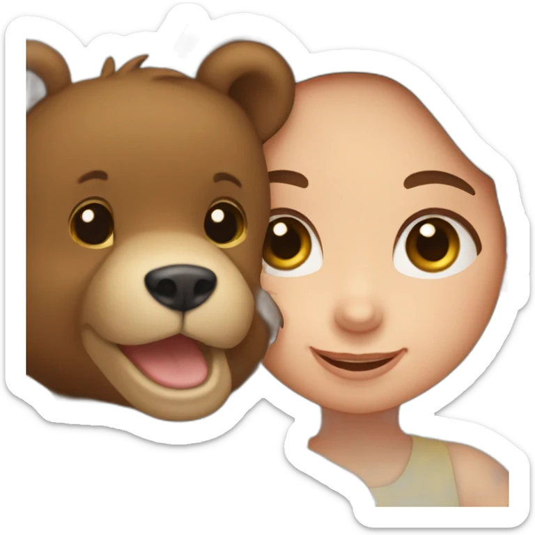 Little girl with brown eyes and long brown hair holding a bear cub and waving hello sticker