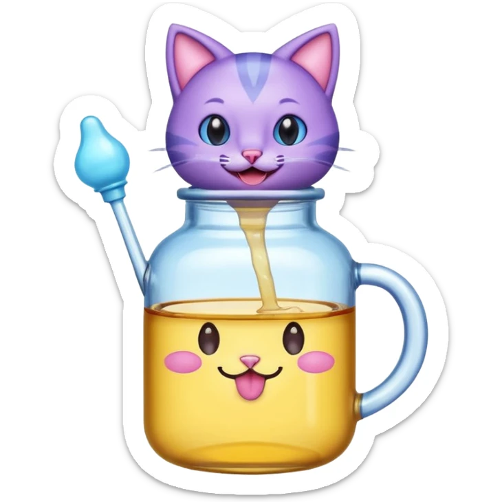 Smiling bottle of oil light purple top and light blue sticking tongue out and with cat ears sticker
