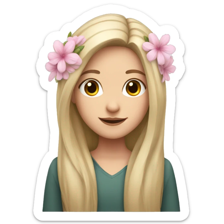 A white girl with long hair and soft pink flowers on ears sticker