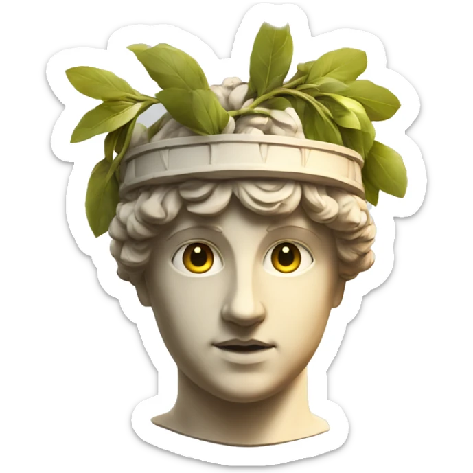 Emoji of an ancient young Greek statue, in VR headset, with a laurel wreath on head, DIGITAL UNIVERSITY sticker
