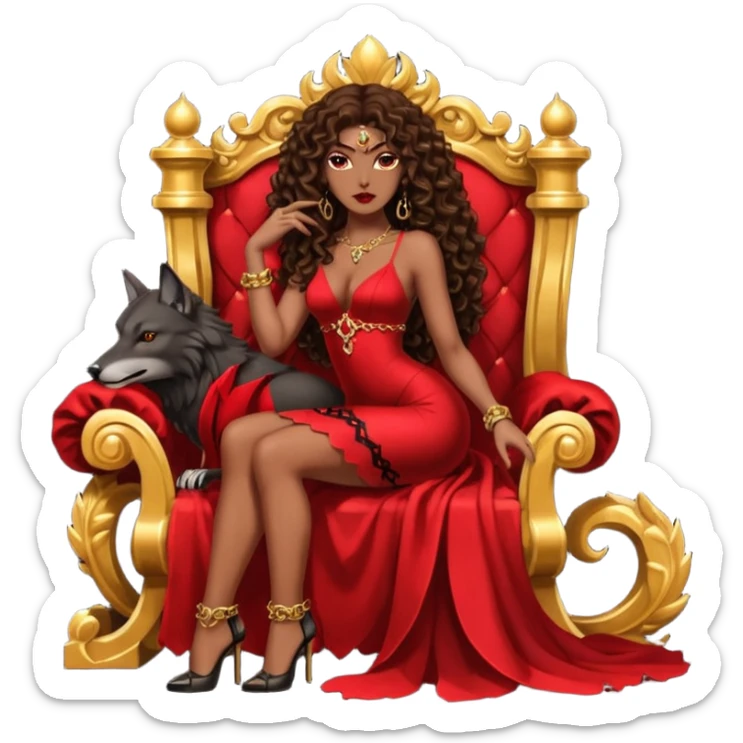 Lilith symbol seductress evil brown curly long hair haired, sexy succubus woman with red and black Chanel dress sitting on a Black and gold throne. A large black wolf laying beside he sticker