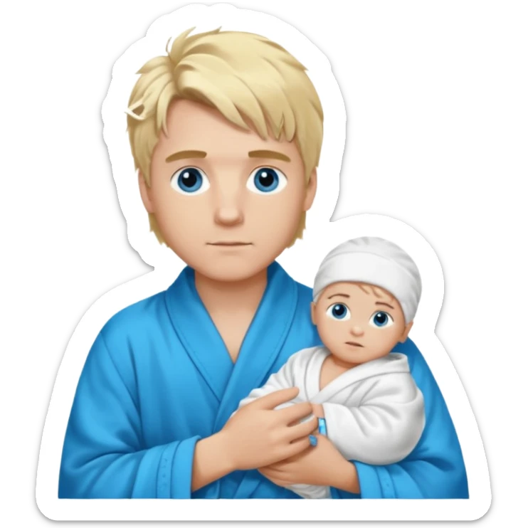 A white man with blue eyes, medium-length blond hair, a blue Cartier watch on his wrist, and a black and white bathrobe. His hair is messy, and he has a baby face. sticker