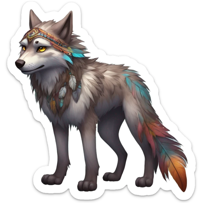 Anthro Fluffy Colorful Shy Spiritual Shamanic WereWolf-sona With Shiny Tribal Markings wearing feathers Full Body Detailed High Quality sticker