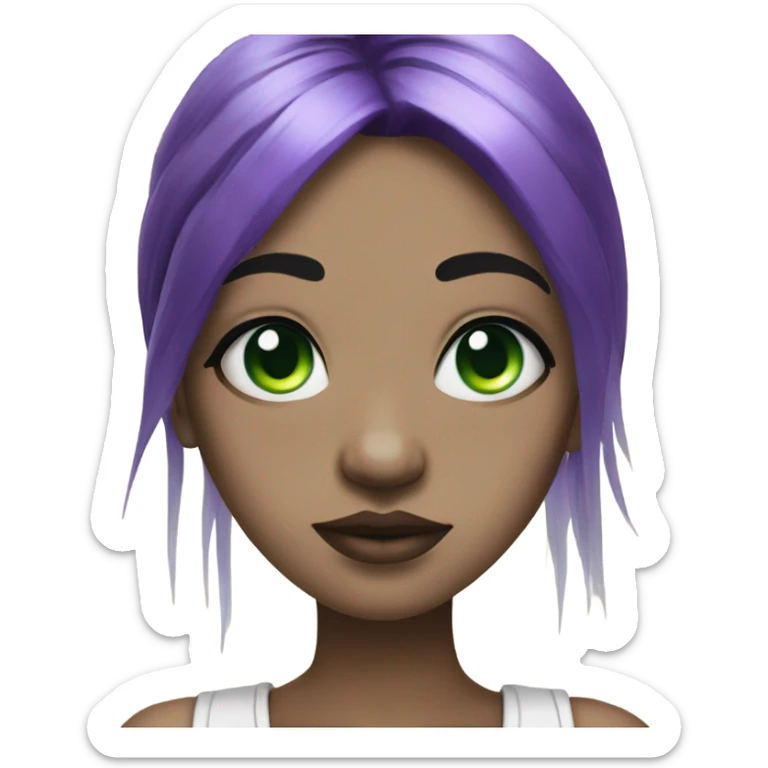 A girl with black hair with purple streaks has a septum ring and 2 bottom lip piercings, white with green eyes and bangs sticker