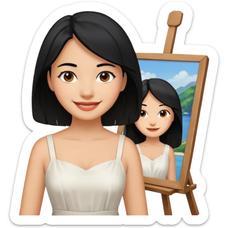 Painting Hold. Women painting smilling  black hair sticker