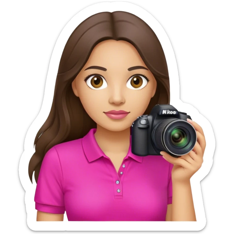 white latin woman with long brunette hair hot pink polo shirt and nikon camera sticker