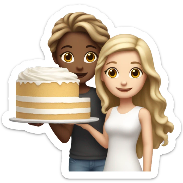 Blond wavy girl with brown straight hair girl together holding big white cake sticker