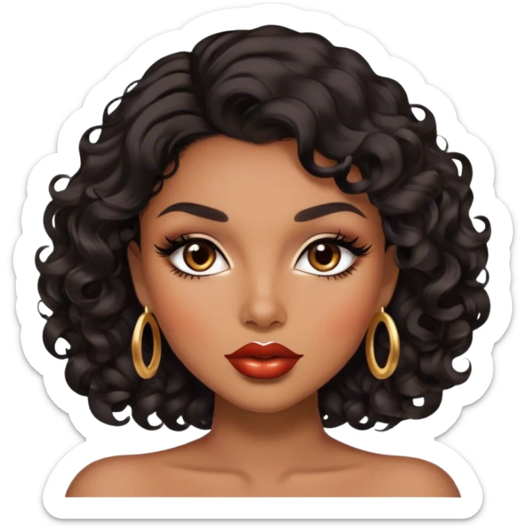 Glamourous, brown skin tone, very beautiful woman, with big plump lips, long long lashes, black curly smooth short hair, brown eyes sticker
