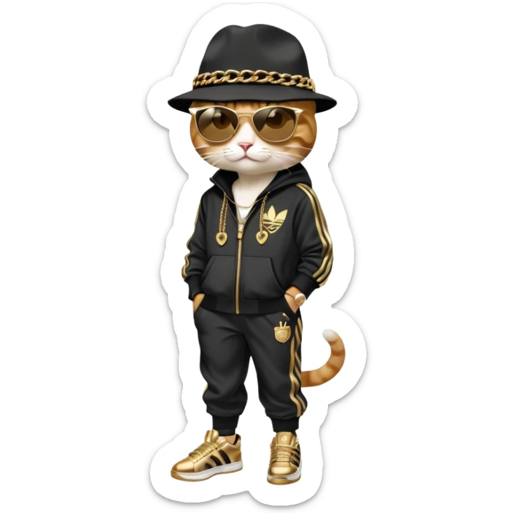 female cat dressed like Run DMC with tracksuit, fedora, Adidas shoes, dark sunglasses, lots of gold chains, upright sticker
