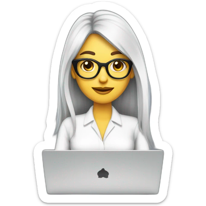 mujer piel blanca pelo largo negro gafas y trabajando en laptop sticker
