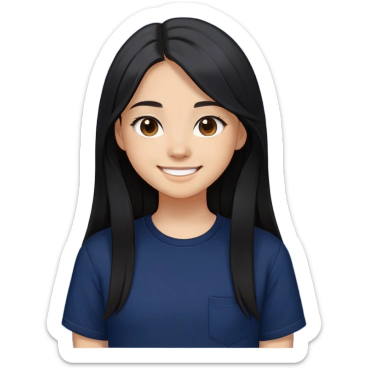a young teenage girl with light tan skin, she smiling but not showing her teeth, she has a  REALLY REALLY long blackhair, a REALLY-STRAIGHT hair, dark brown eyes, dark navy colored oversized short-sleeved shirt.  sticker