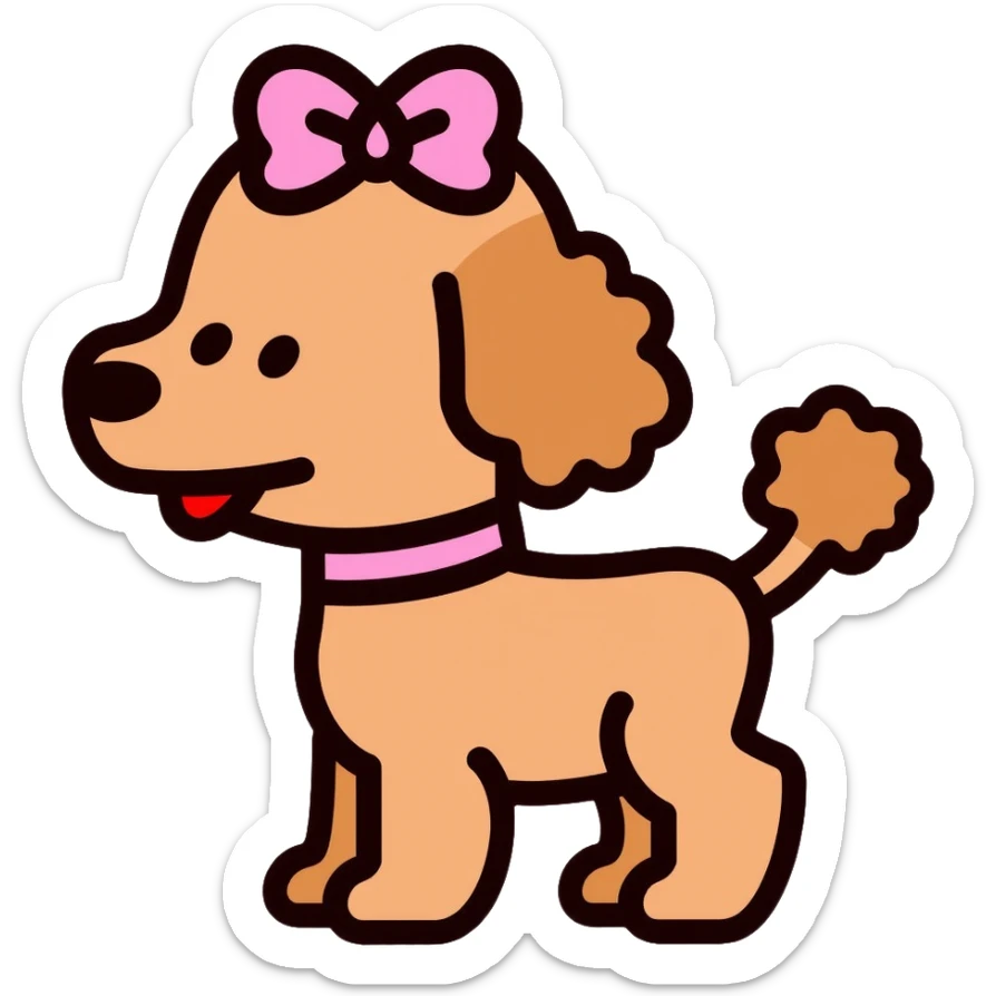 Cute brown poodle dog with a pink bow on its head and tail, with its tongue sticking out, and wearing a pink collar sticker