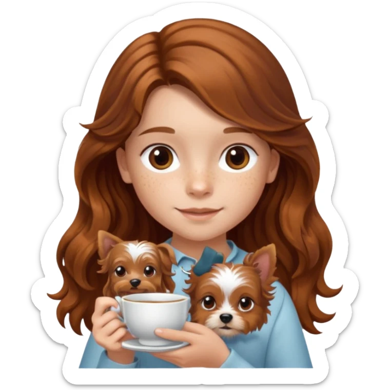 11 year old girl with freckles and long wavy brown hair, holding a teacup yorkie dog sticker