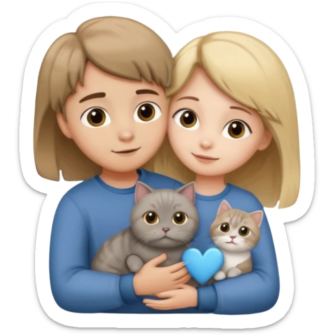 Blonde girl and brown Hair boy hugging a grey scottish fold cat heart sticker