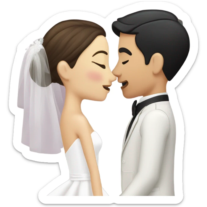 bride of short and brown hair, and groom with black hair and buzz haircut with a scar on his face, kiss sticker