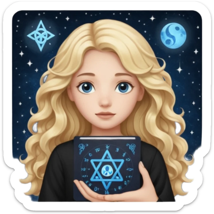 A long wavy haired blonde girl with blue eyes, wearing black, holding astrology chart with Virgo symbol  sticker
