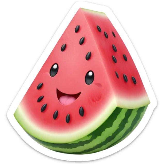 Cute Kawaii Watermelon Slice, juicy and vibrant, soft pastel green rind with pink flesh, tiny black seeds shaped like hearts, an adorable happy face with cute round eyes, bursting with summer energy! sticker
