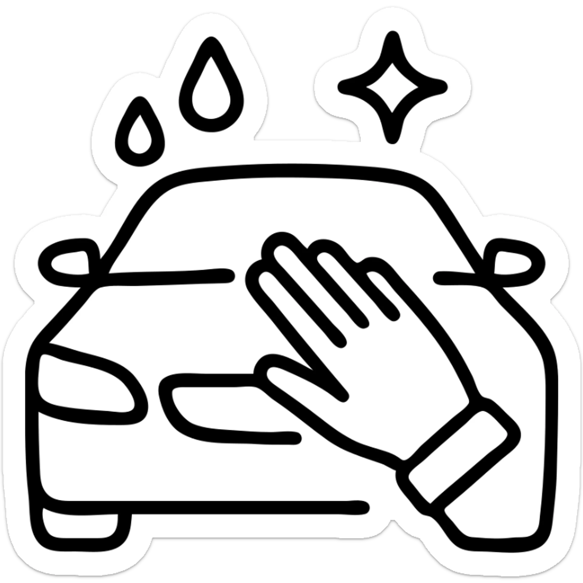 outlined icon of a premium car hood with an elegant hand wearing a white glove, water drops and shine, black and silver, smooth motion lines, modern and clean sticker