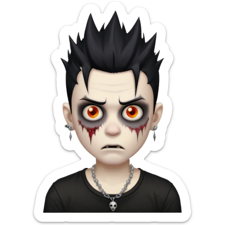 zombie boy with spiky emo black hair and white shirt , tattos, a risk on the eyebrow, earings,  a necklace emoji  sticker