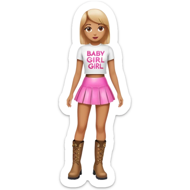 Mini latex skirt and boots and short top with pink inscription “Baby girl” sticker