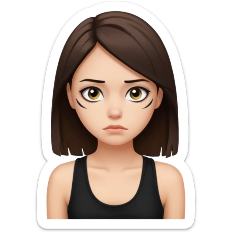 a fair girl with straight brunette hair, black tank top, eyeliner on. Looking sad sticker