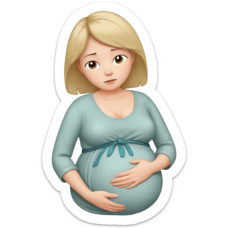 pregnant woman with neatly tied hair looking tired touching her big belly softly and breath slowly sticker