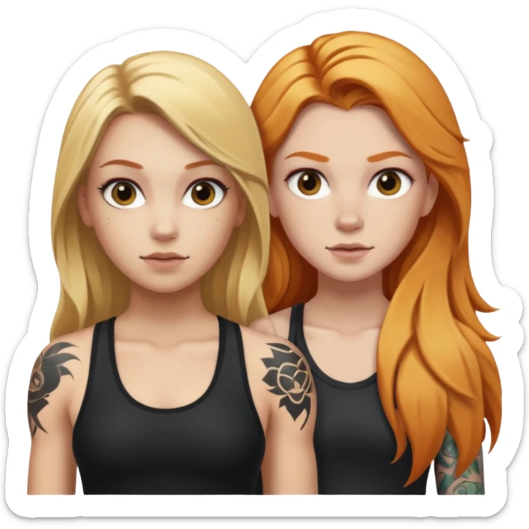 girl with long blonde hair and black tattoos next to a an athletic ginger girl sticker