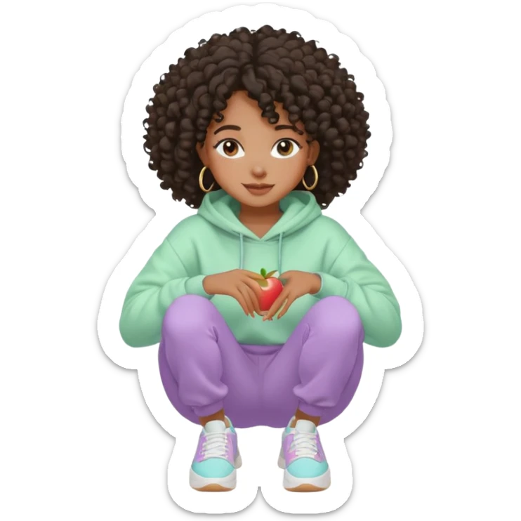 Black girl, clean girl aesthetic, 4C curly hair in a puff, pastel hoodie, white sneakers, minimal jewelry, soft smile, cozy vibe, bright colors, Apple-style. Taking care of my skin and my vibe, always. sticker