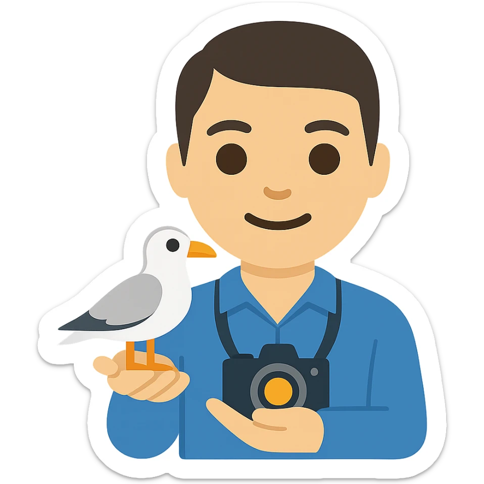 Minimalist emoji-style illustration of a smiling photographer holding a seagull in their hands and a camera around the neck. Simplified, clean lines, vibrant colors, small size sticker
