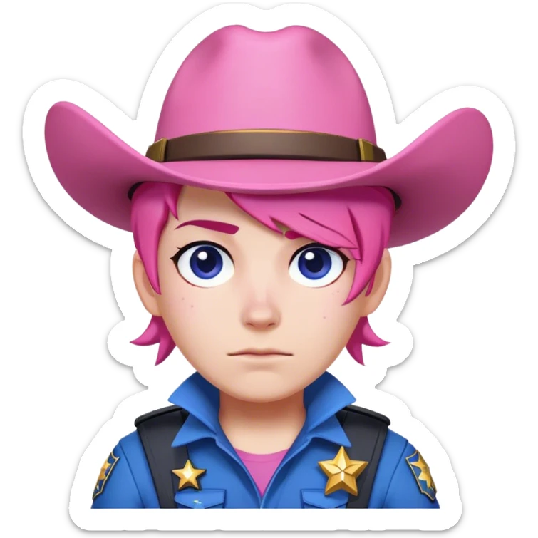 An emoji of character colt from popular video game brawl stars. With pink hair, white skin and pink sideburns. He wears blue sheriff clothes sticker